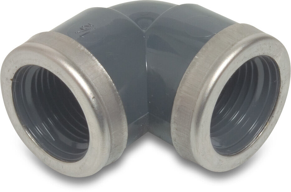 Profec Knie 90° PVC-U 1" binnendraad 10bar grijs met RVS ring type versterkt